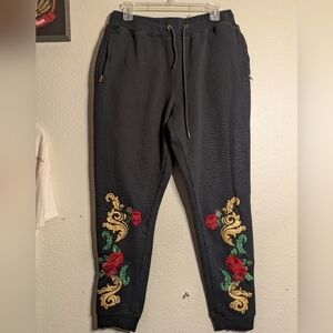 krisp Size Large Women's Black Joggers with Floral Embroidery Pre-owned